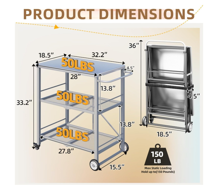 Outdoor Grill Cart Table Stainless Steel Pizza Oven Stand Trolley Table w/ Wheel