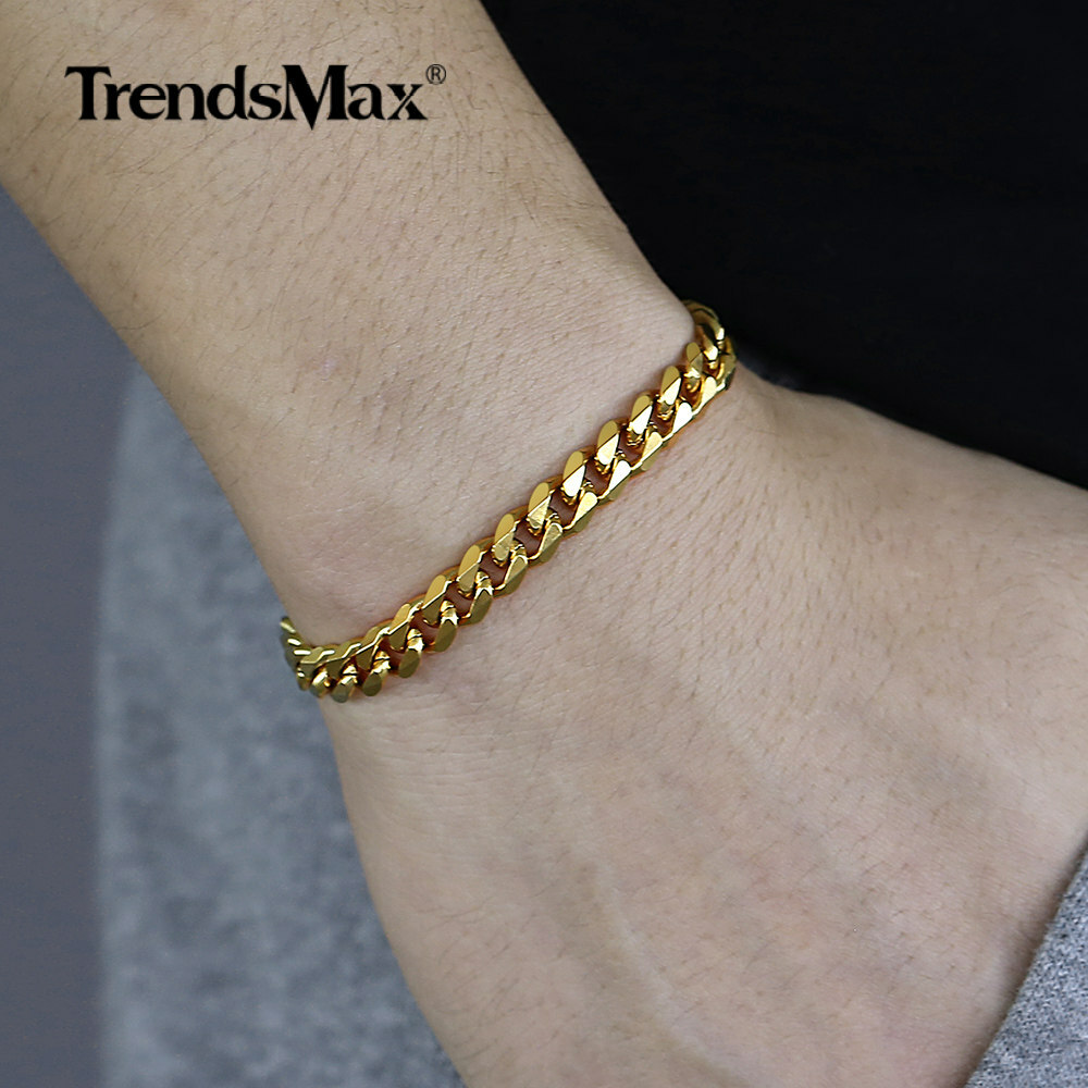 3/5/7/9/11mm 14K Gold Plated Stainless Steel Curb Cuban Chain Bracelet Men 7-11"