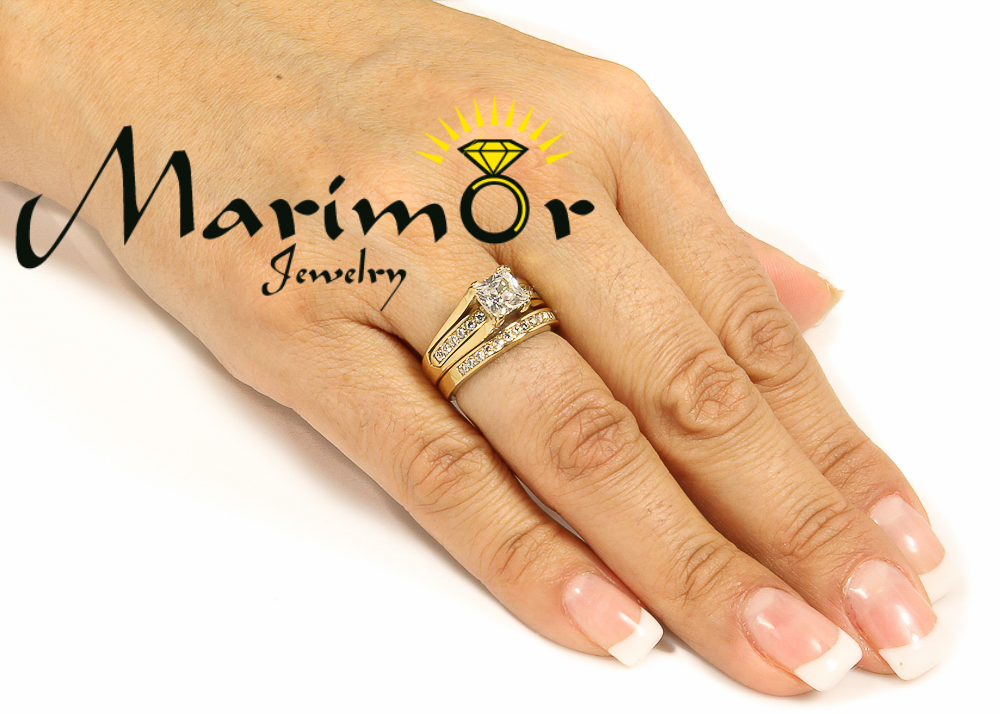 2.10 Ct Princess Cut CZ Stainless Steel 14k GP Wedding Ring Set Women's Sz 5-11