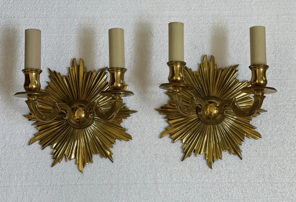 PAIR - Antique Vintage Art Deco Bronze Brass Starburst Sunburst Wall Sconce