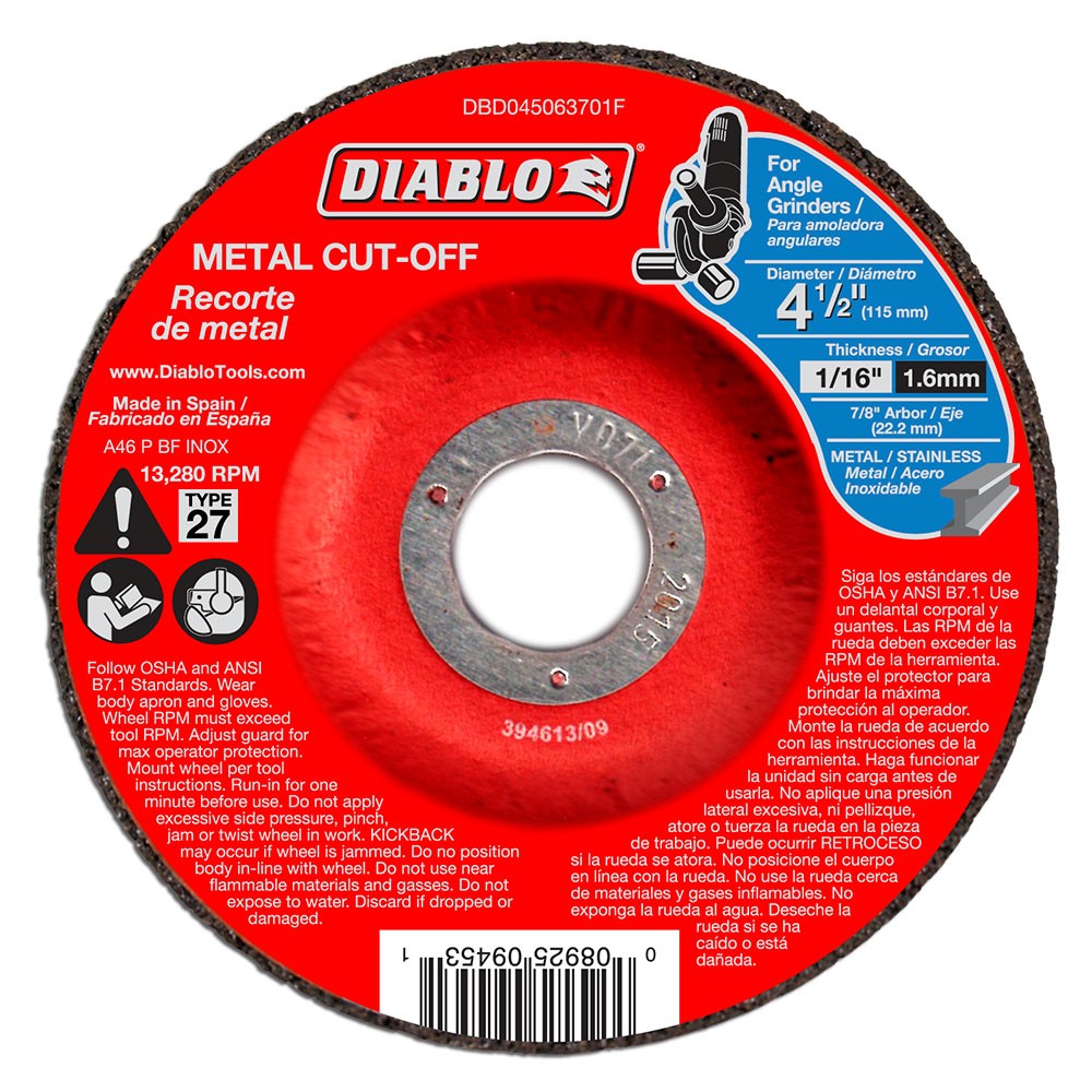 Diablo DBD045063710F 4-1/2in Metal Cut-Off Disc Type 27 10 Pack 7/8in Arbor