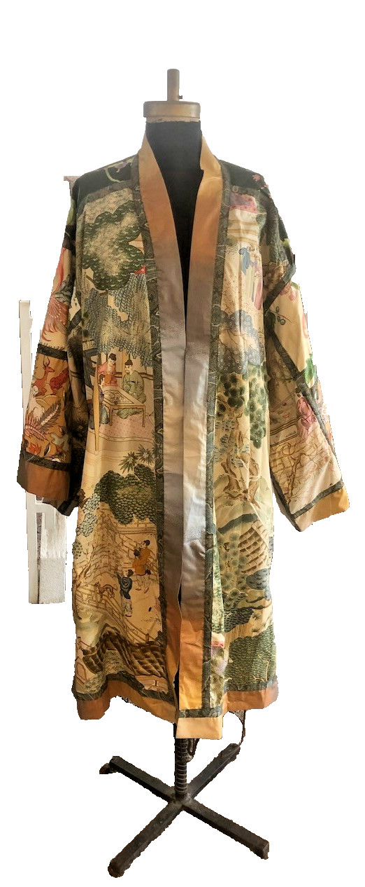 Handmade Cotton Kimono Robe with Obi Sash, Chinoiserie Print S