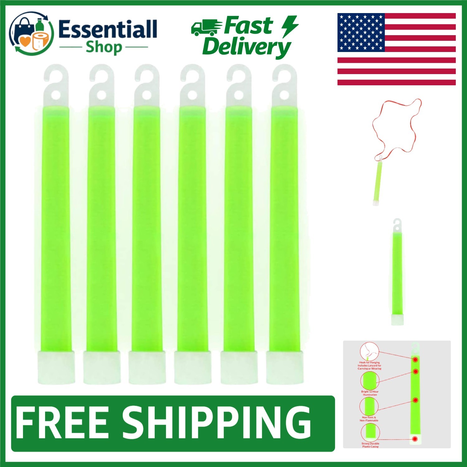 Green Glow Sticks - 6 Pack, 12 Hour Bright Light for Any Adventure