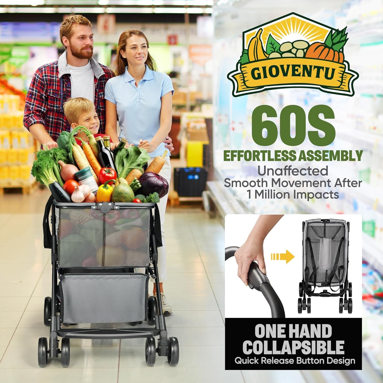Shopping Cart Foldable with 360° Wheels & Removable Basket,One-Click Folding