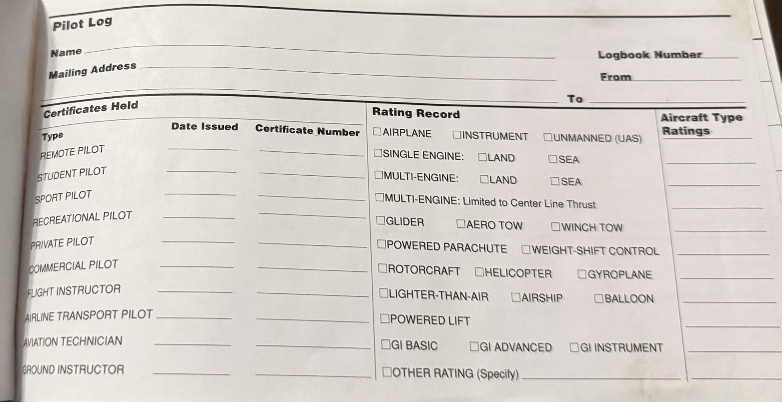 TLSP30 Aviatior Pilot Log Book Leather w/ Refillable Pages FAA-Compliant