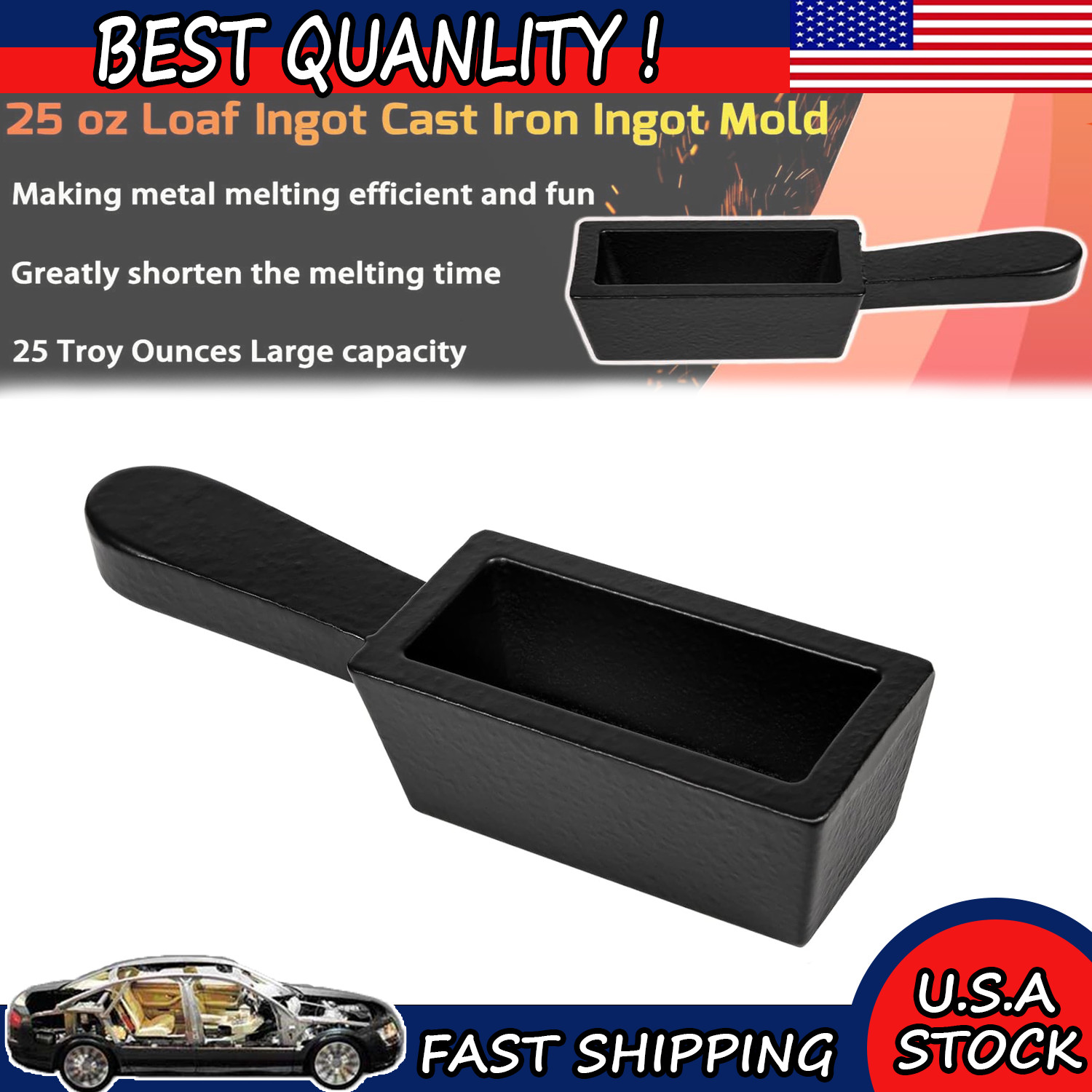 25 oz Gold Bar Loaf Cast Iron Ingot Mold for Custom Smelting Pouring Melting