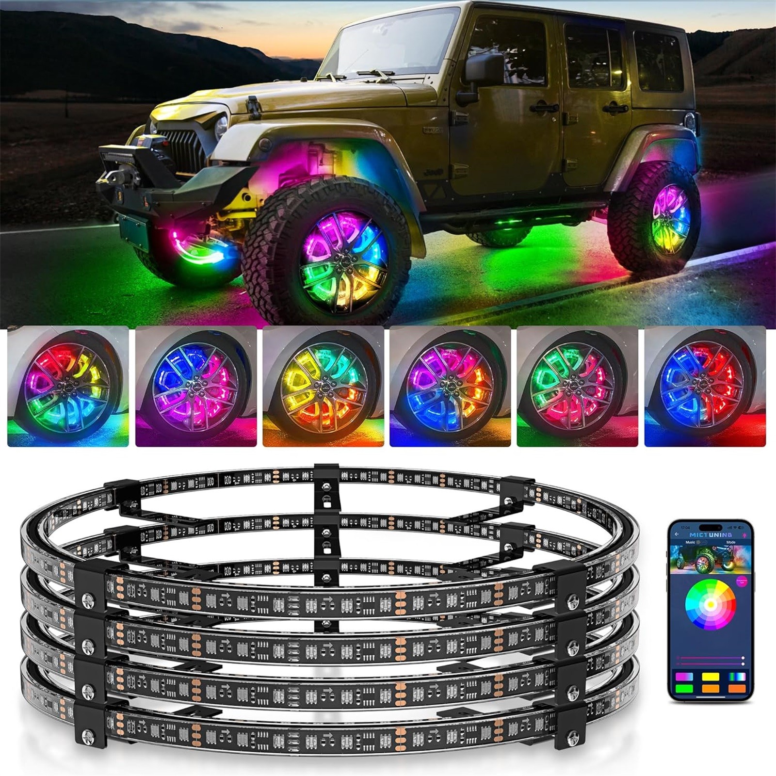 4PC 17.5" RGB+IC Chasing Flow Double-Row LED Wheel Ring Rim Lights For Truck Car