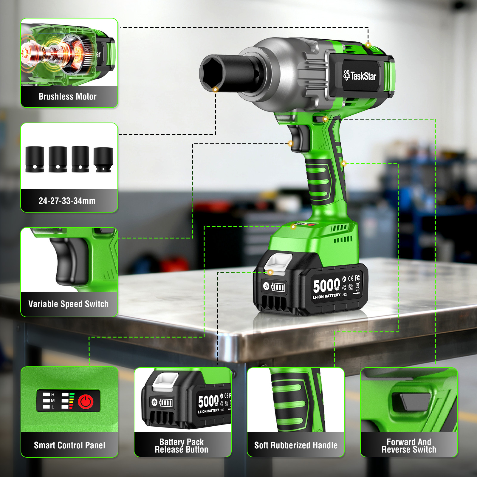 Taskstar 3/4 in Cordless Impact Wrench 2000Nm 1475ft-lbs Electric Impact Gun