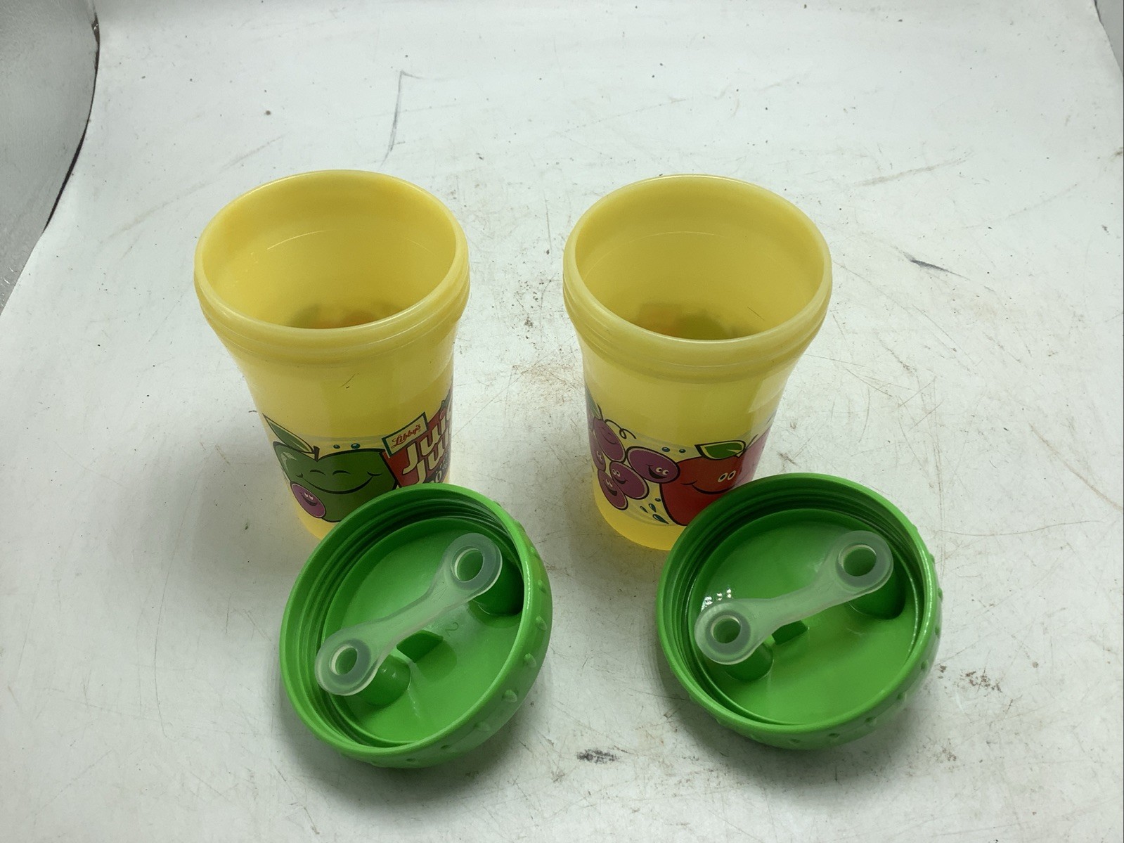 2 Vintage Playtex Juicy Juice Advertisement Plastic Sippy Cup with Valve RARE