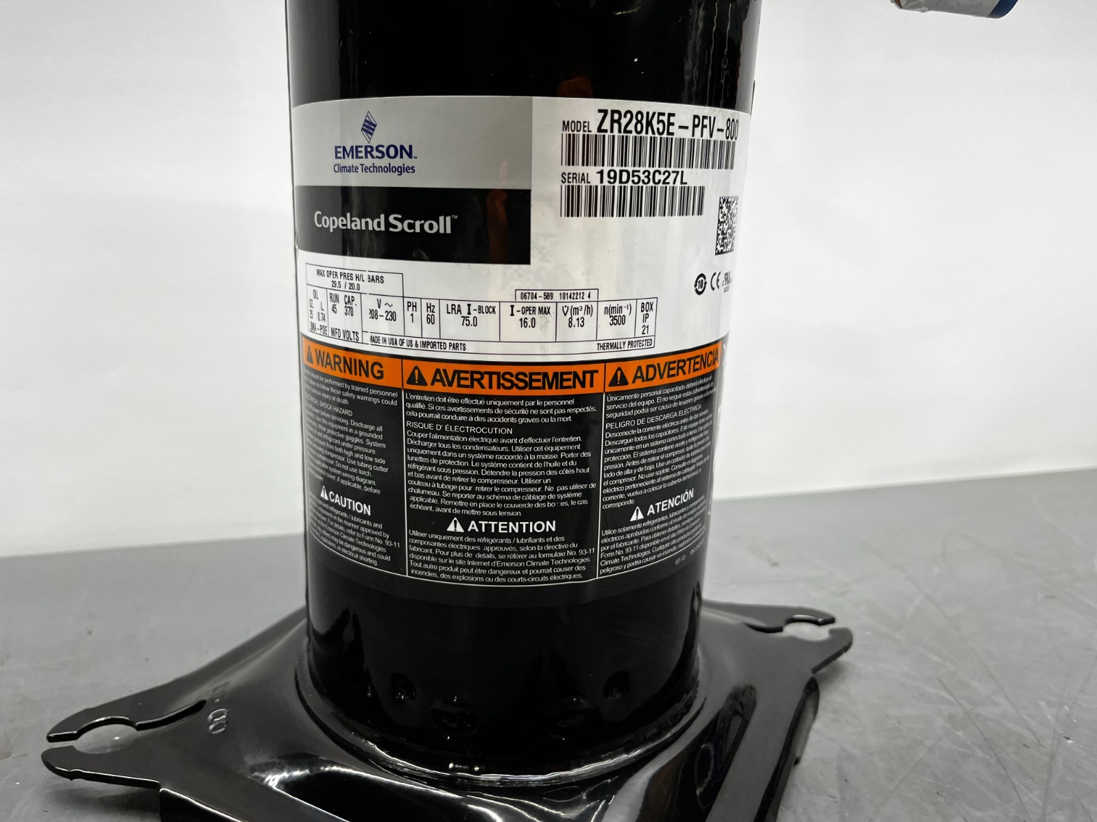 Emerson Copeland / ZR28K5E-PFV-800 / 208-230V / PH 1 / Compressor (NEW)