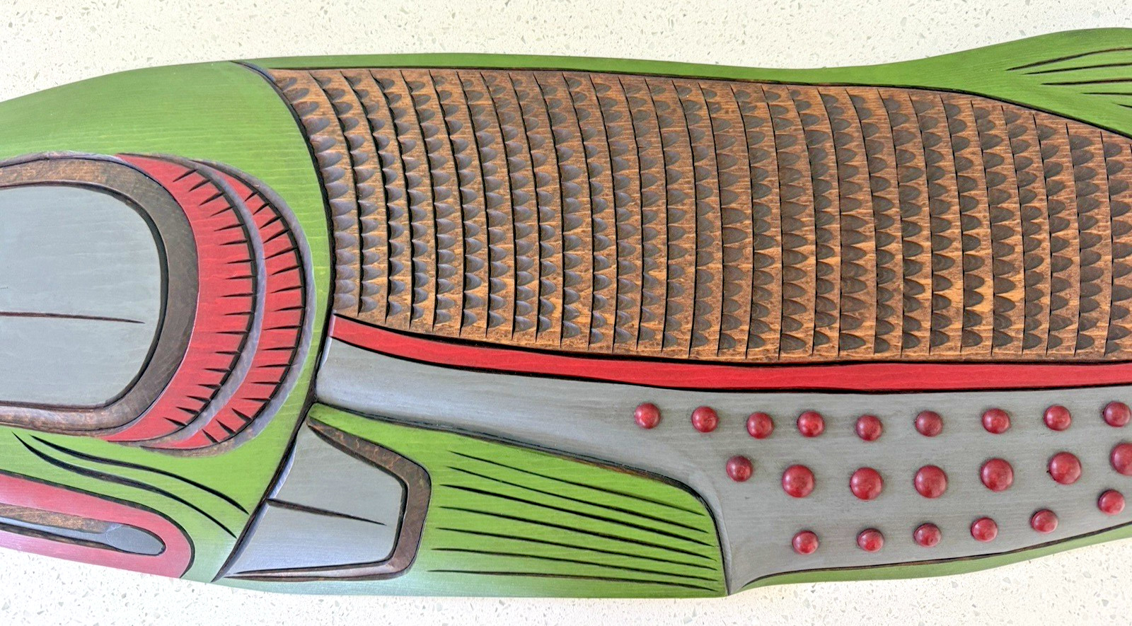 Original Kwakiutl Salmon Spawning Wood Carving by Demsey Willie, Estate Find