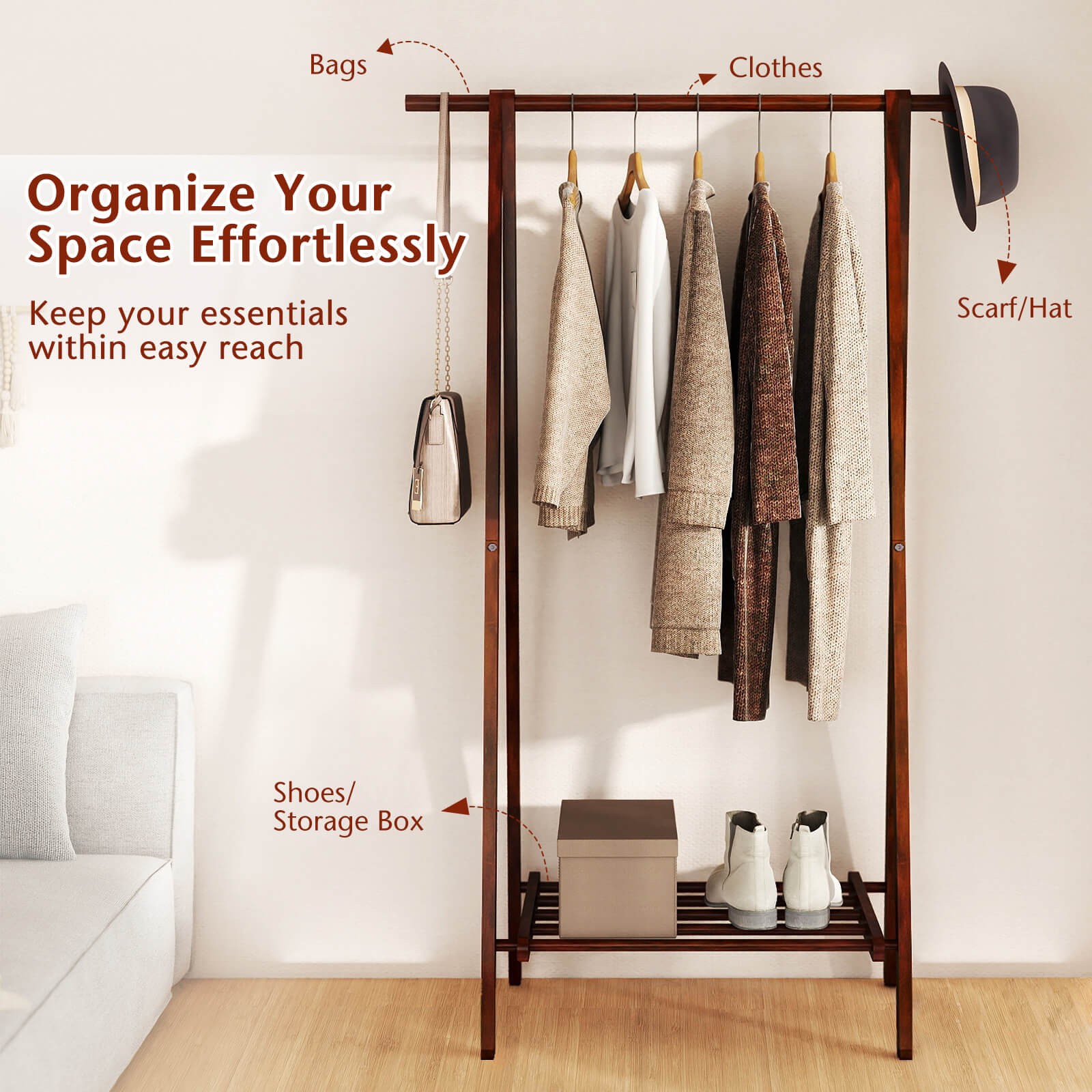 Folding Rubber Wood Clothes Hanging Rack w/Bottom Storage Shelf for Bedroom