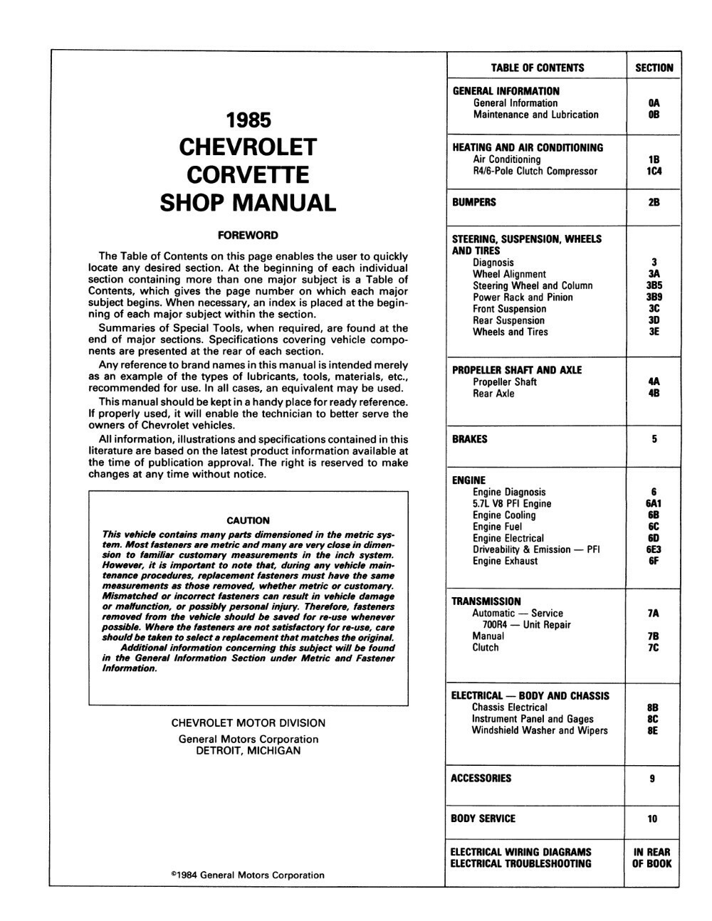 1985 Chevy Corvette Shop Manual
