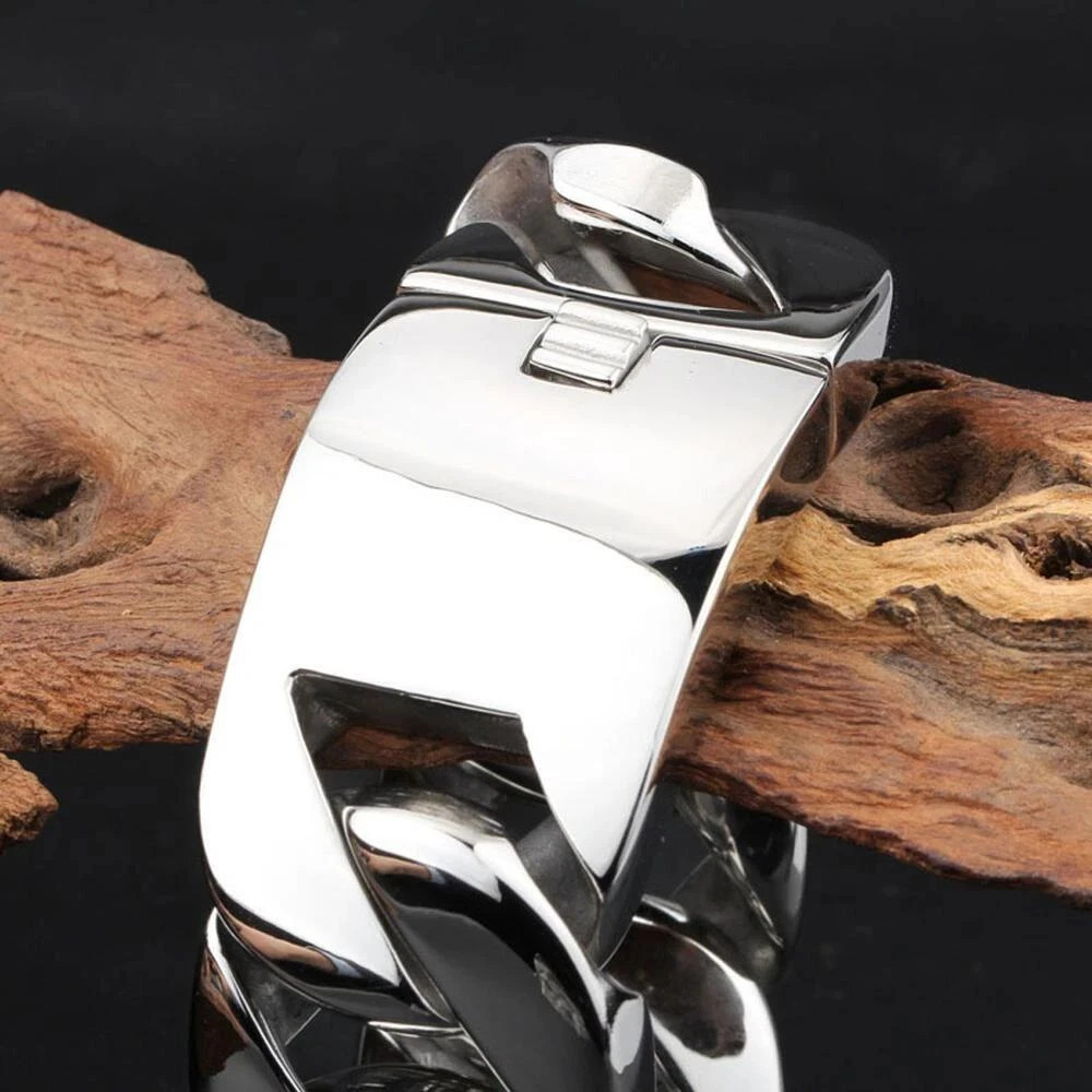 24mm/32mm Wide Heavy Men's Silver Tone Stainless Steel Cuban Link Chain Bracelet