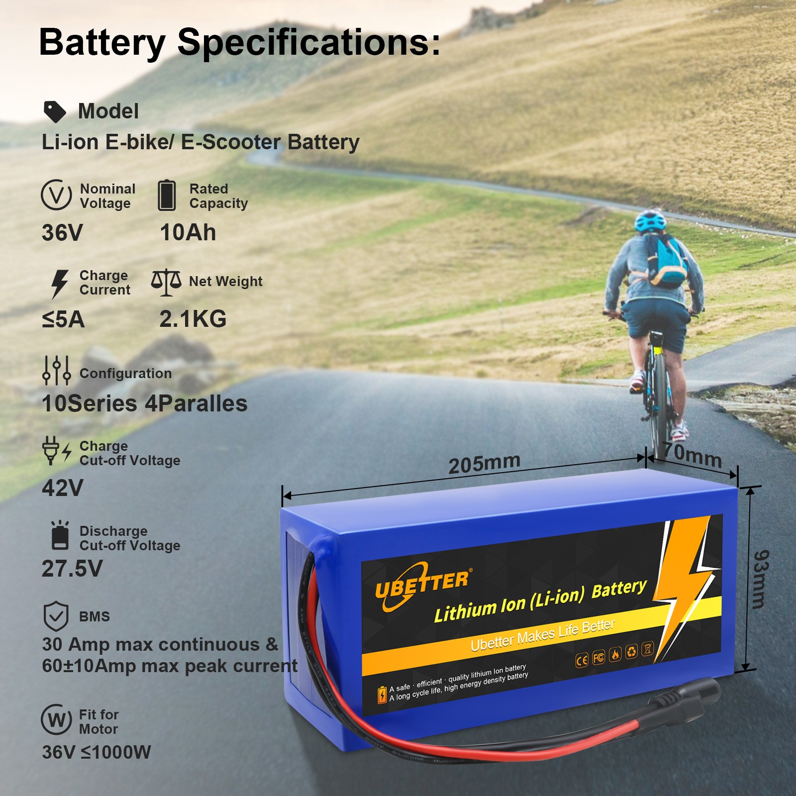 36V 10Ah Lithium Battery with 42V 2A Charger, Built-in 30A BMS, 0-1400W Motors