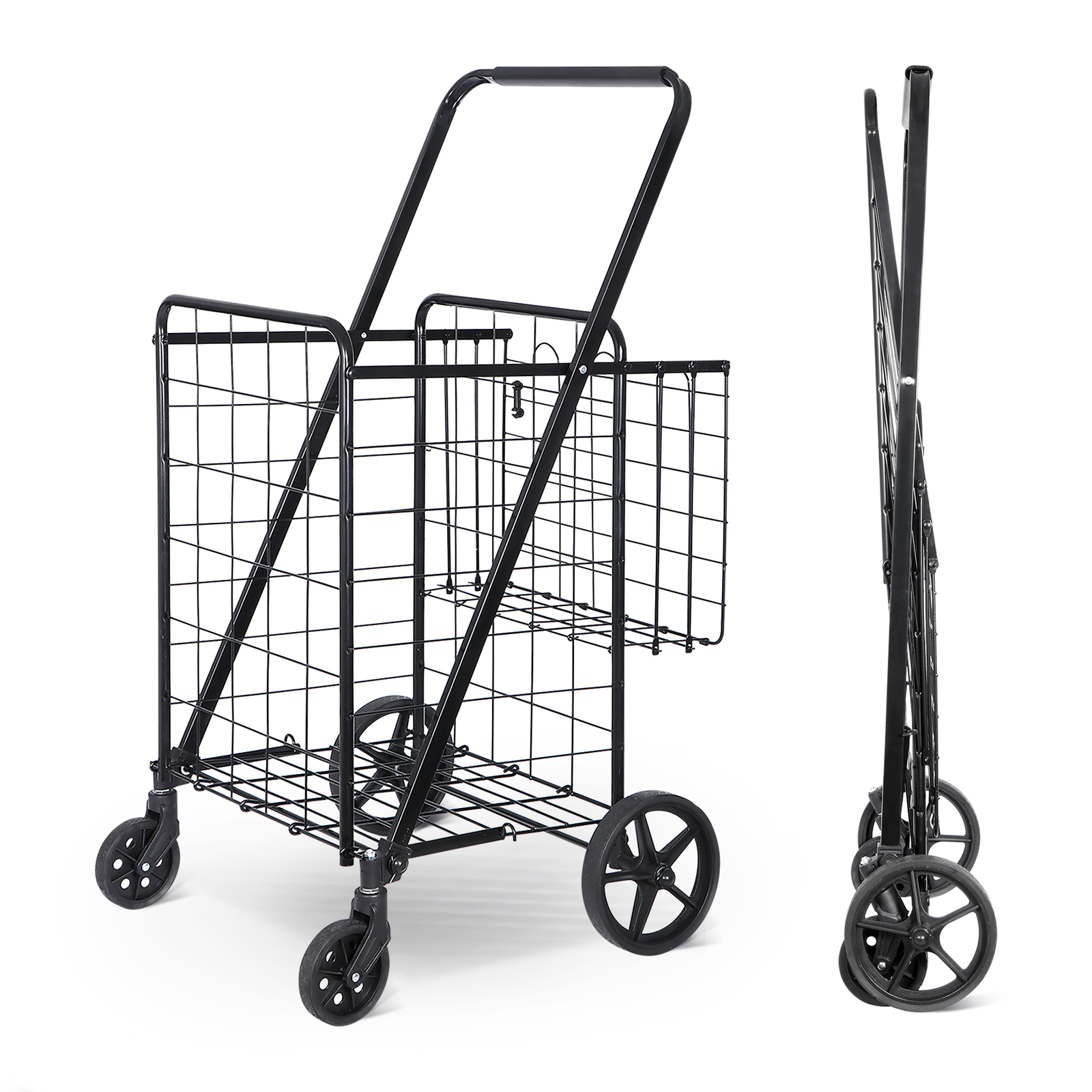 Portable Folding Shopping Cart Double Basket for Grocery Laundry W/Wheels Black