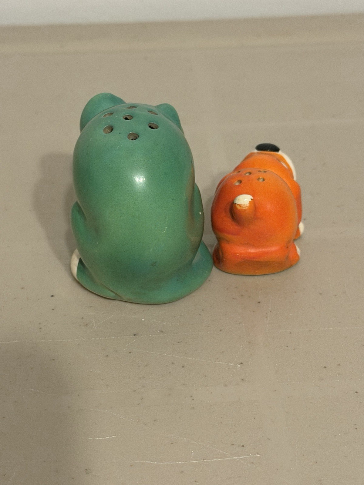 Antique Germany Bisque Green Cat And Orange Dog Salt & Pepper Shakers