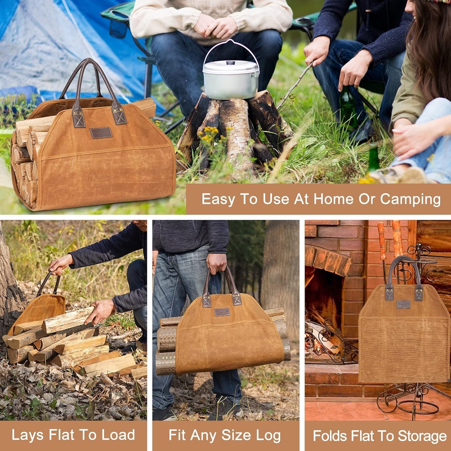 Firewood Carrier Waxed Canvas with Leather Handles, Wood Carrier for Firewood