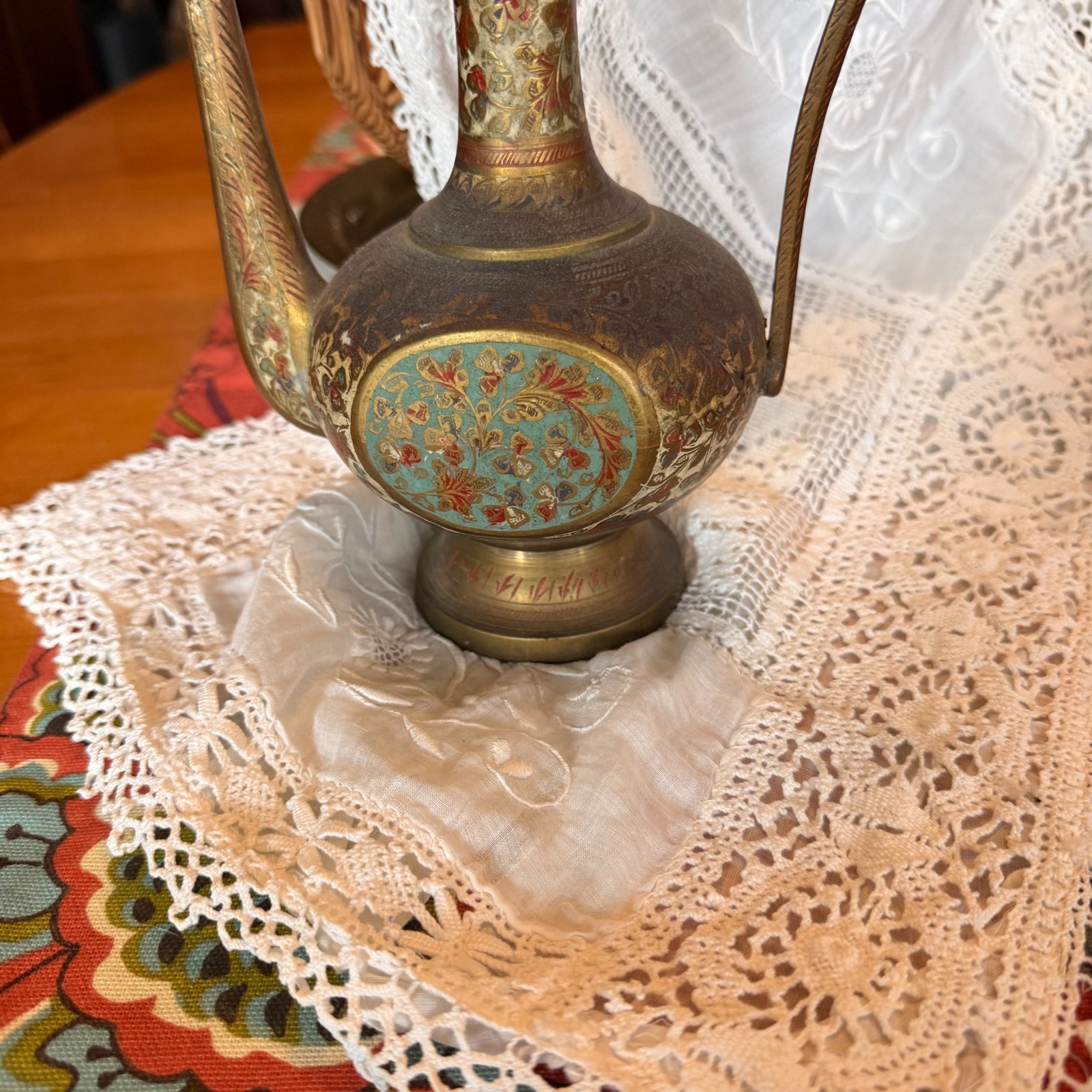 Vintage Etched Brass Oil Decanter Hinged Lid Made in India Water Floral Ornate
