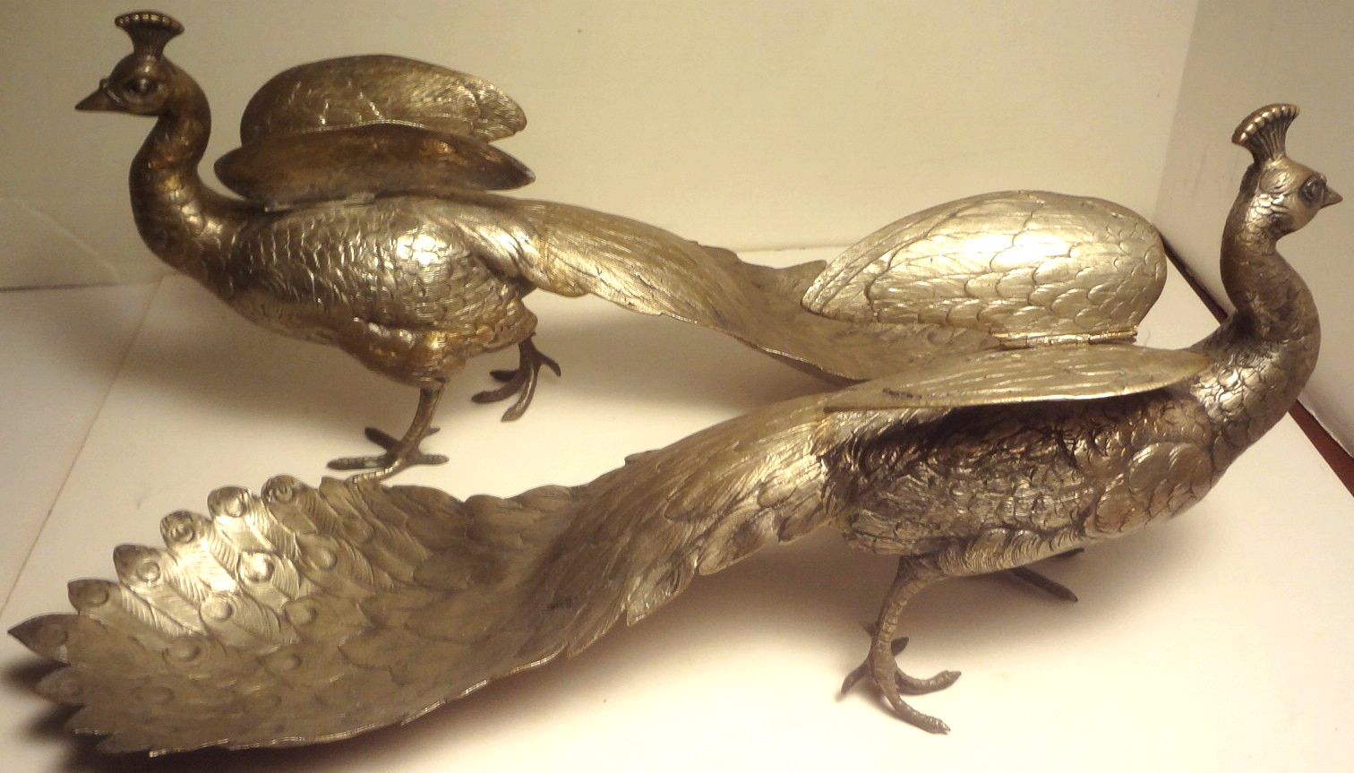 PR. ANTIQUE GERMAN SILVER full figure PEACOCK BON-BON serving TRAYS- HALLMARKED