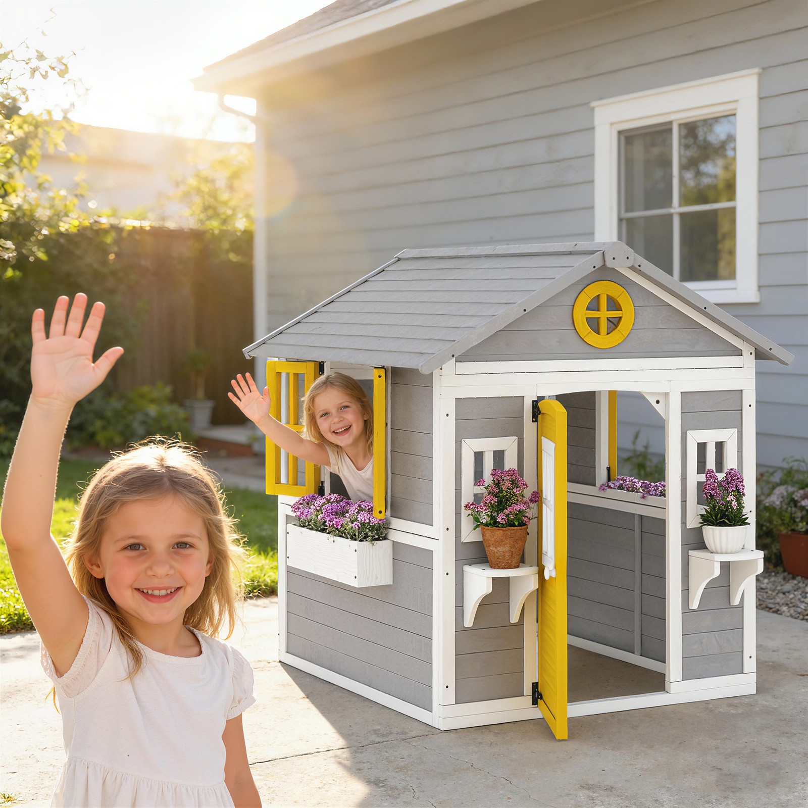 Outsunny Playhouse for Kids with Doors, Windows, Planter Pots and Boxes