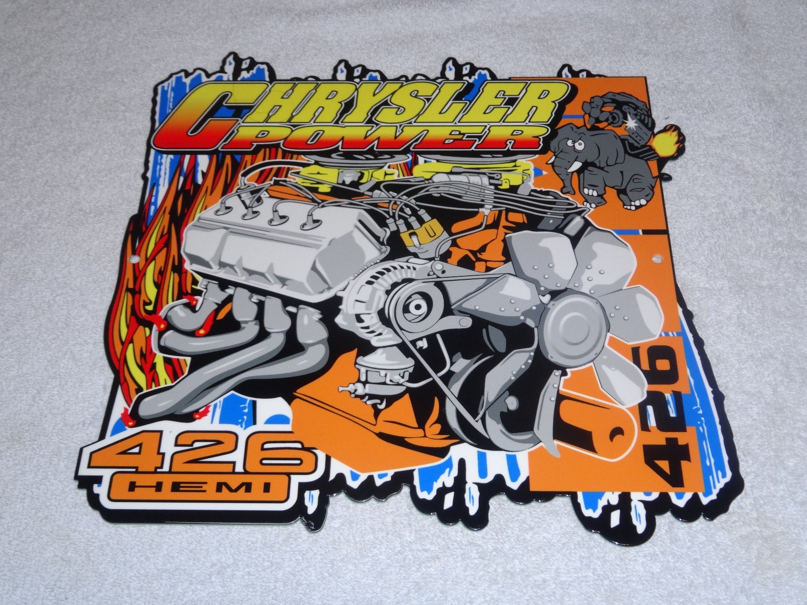 VINTAGE "CHRYSLER POWER 426 HEMI MOTOR ELEPHANT" 11 3/4" METAL GASOLINE OIL SIGN