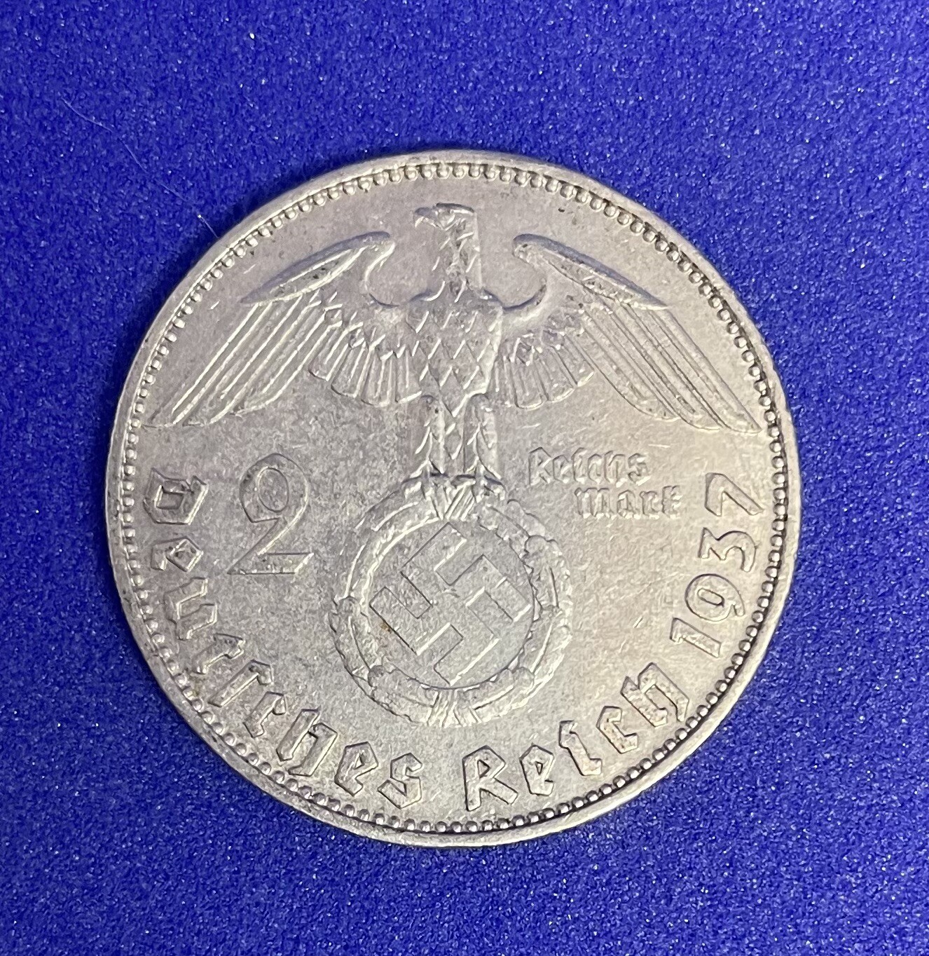 1937 D German 2 Reichsmark Coin, WW2, Von Hindenburg, Swastika, Silver