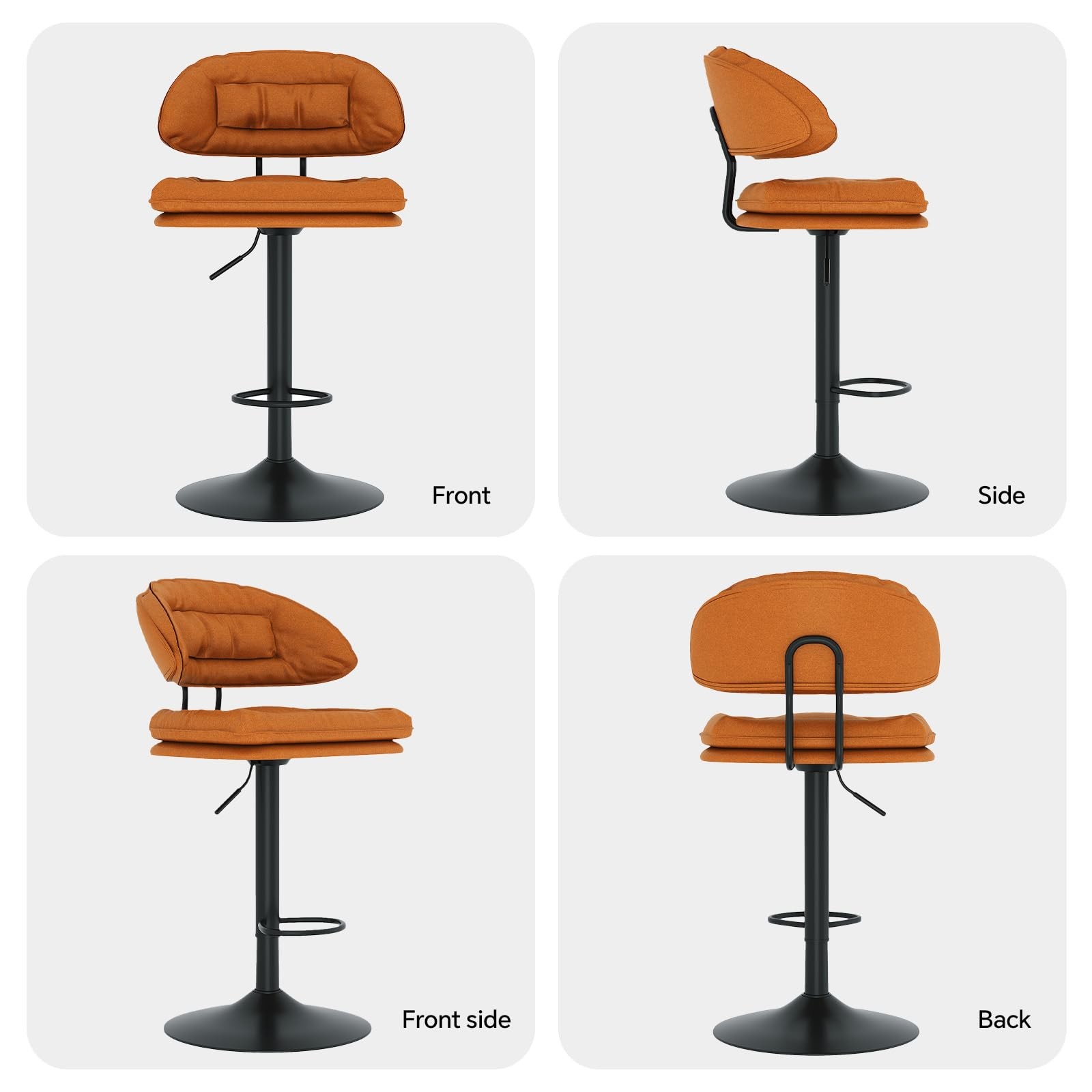 Modern Bar Stools Set of 2 Ergonomic Upholstered Swivel Adjustable Orange