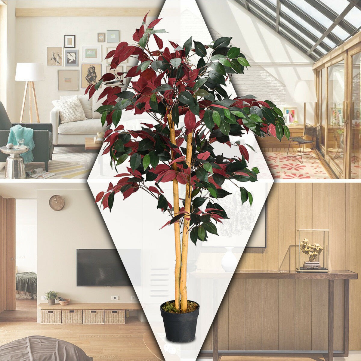 4-Feet Artificial Capensia Bush Red/Green Leaves Indoor-Outdoor Home Décor