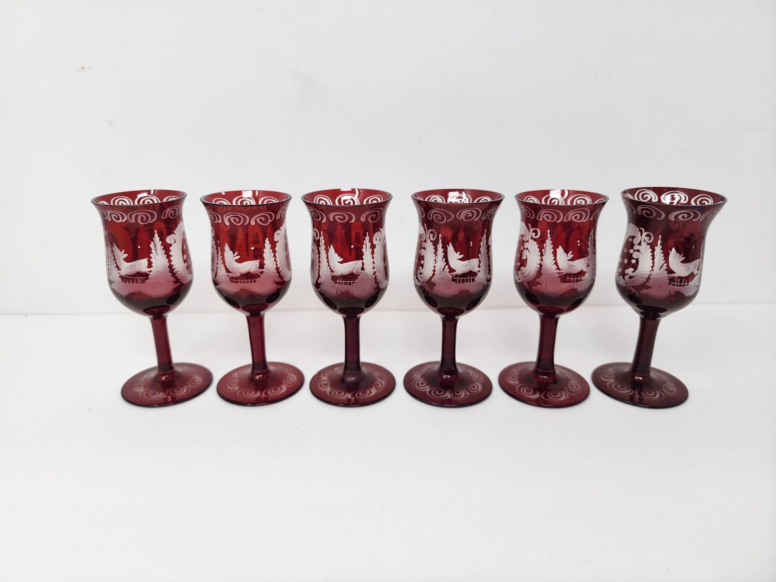Set Of Egermann Bohemian Ruby Red Glass Decantor With Stopper & 6 Glasses