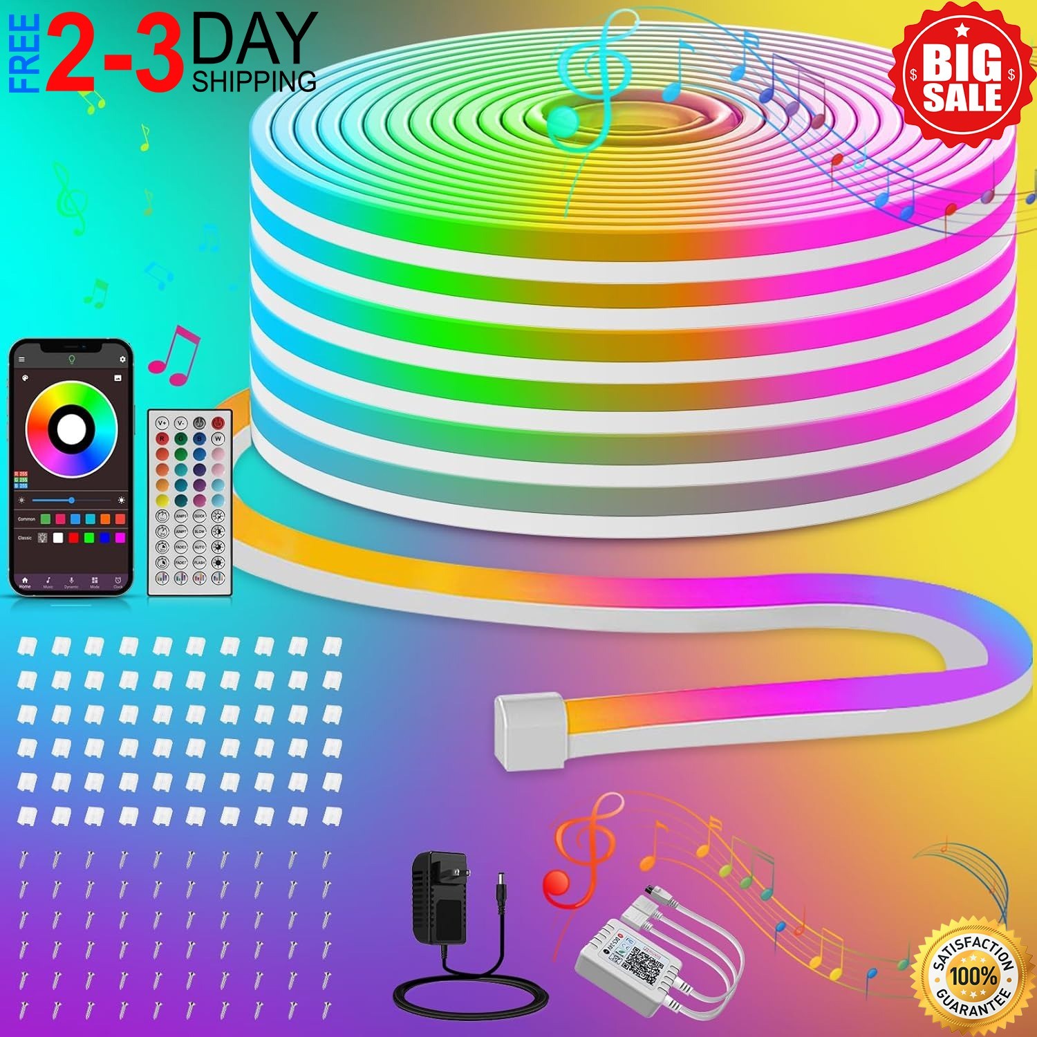 100Ft LED Neon Rope Lights with App and Remote Control, IP65 Waterproof Neon Str
