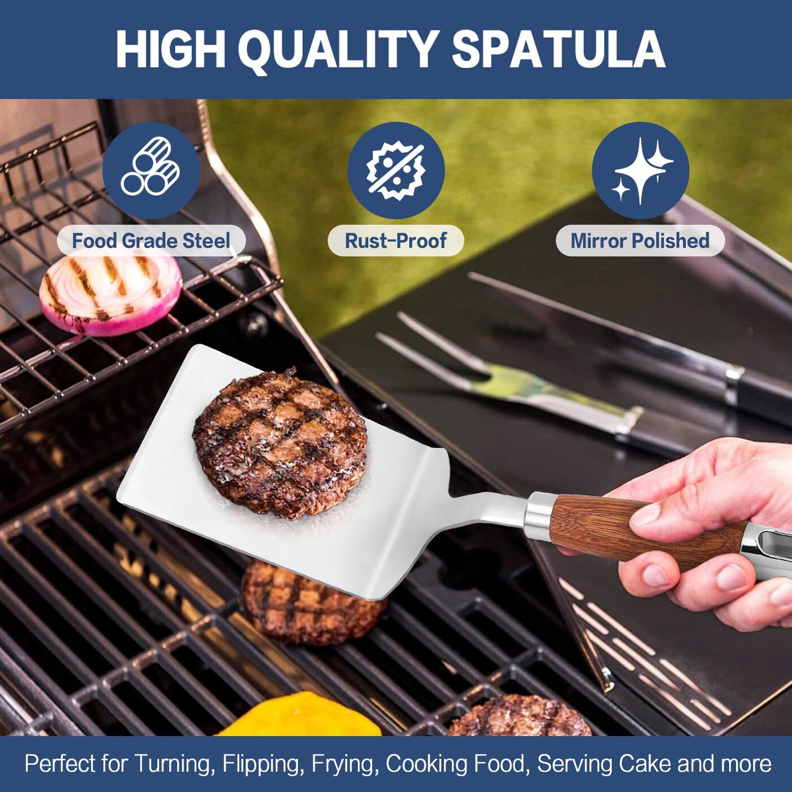 STAINLESS STEEL SPATULA TURNER Heavy-Duty Metal Griddle Flipper Wood Handle NEW