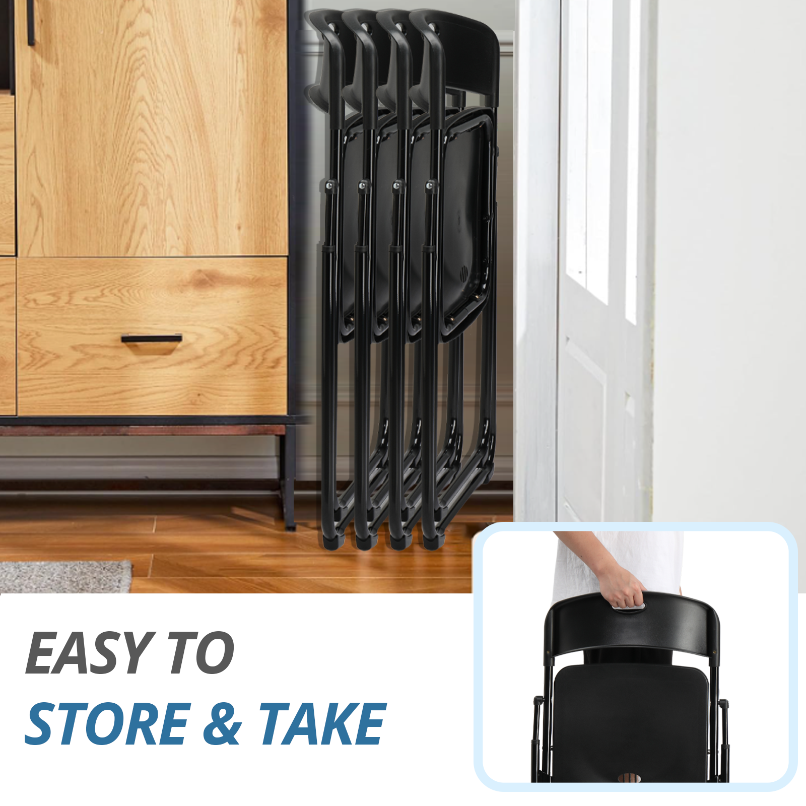 Commercial White/Black Plastic Folding Chairs Stackable Picnic Party, Set of 4-6