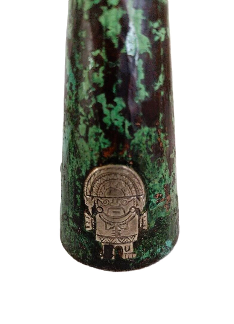 1960’s Peru Copper 7" Candle Holder Pair Inlaid Silver Incan Motif Deities Llama