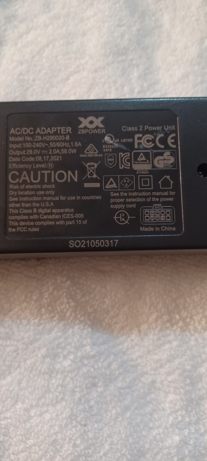 AC/DC Adapter Class 2 Power Unit MODEL NO: ZB-H290020-B