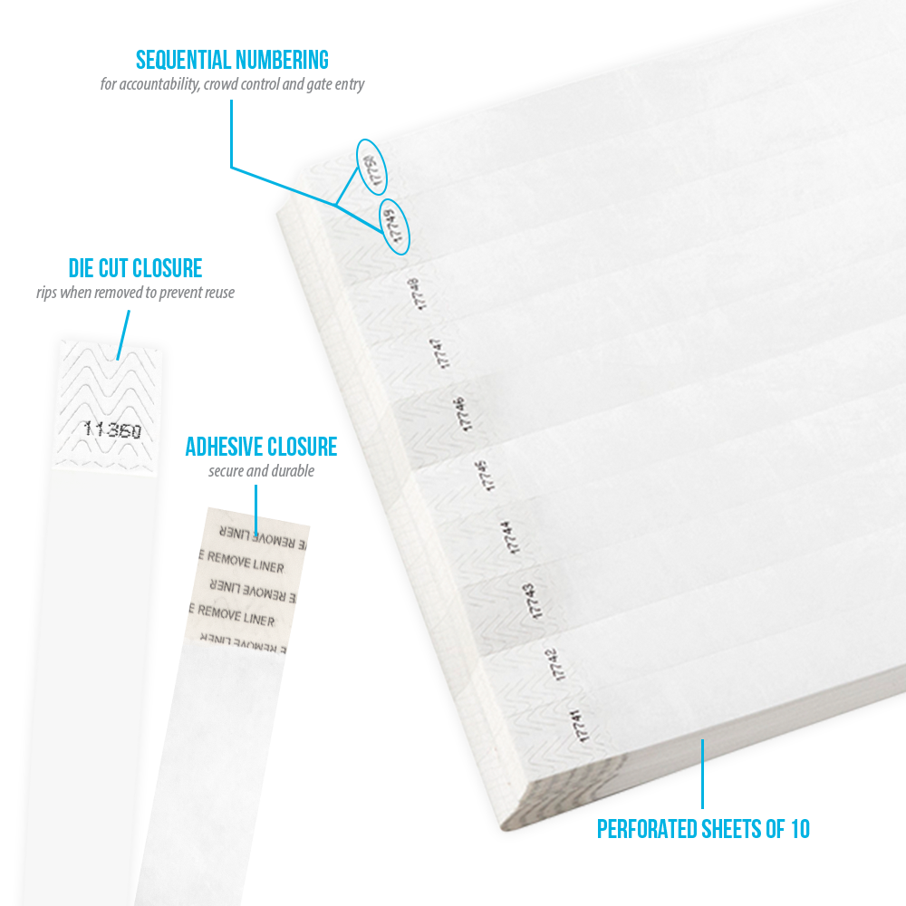 3/4" Tyvek Wristbands White-100 Count