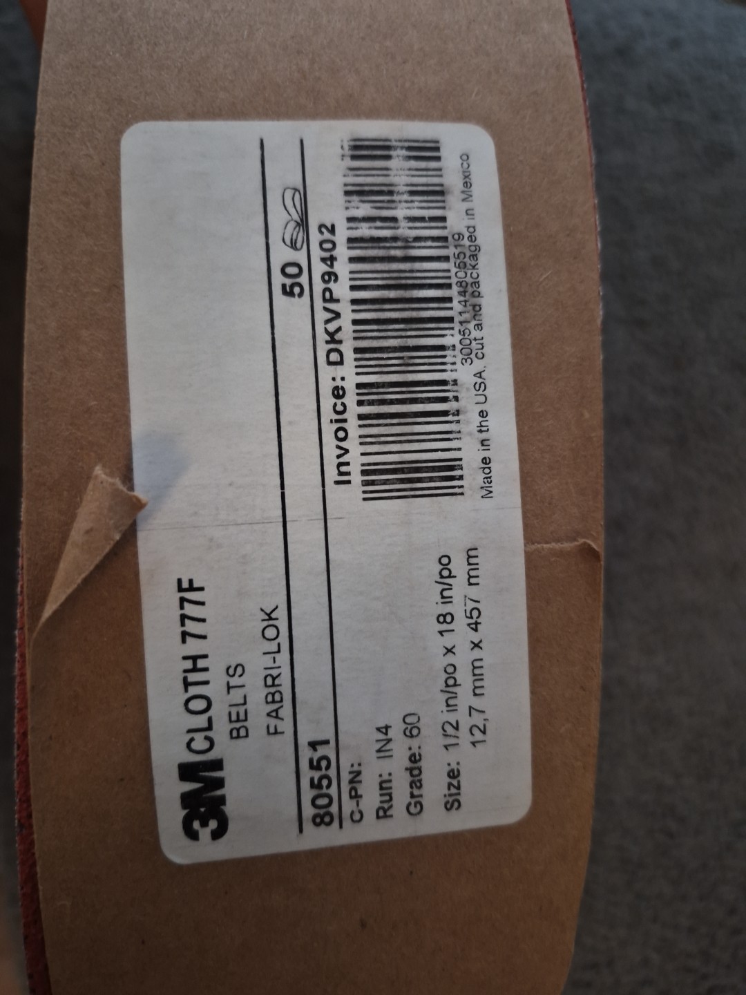 3M(TM) Cloth Belt 777F, 1/2 in x 18 in 60 YF-weight, 50 per inner