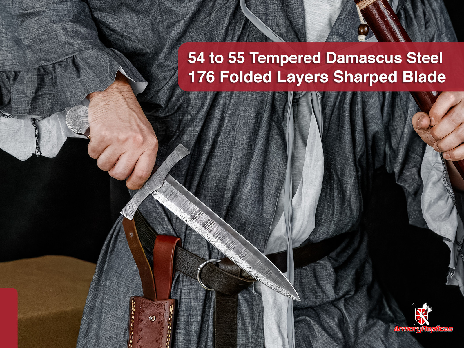 Damascus Steel Arming Dagger Full Tang Short Sword Sheesham Wood Brass w/ Sheath