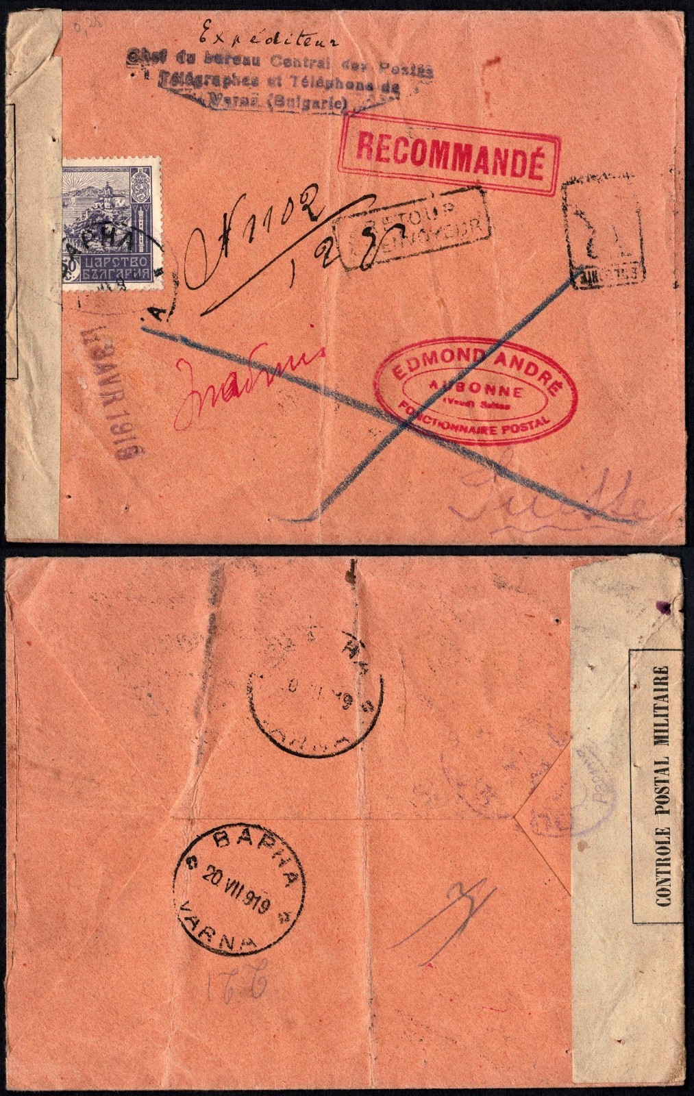 Bulgaria 1919 Registered Cover, Varna to Switzerland, Military Censor, Rare