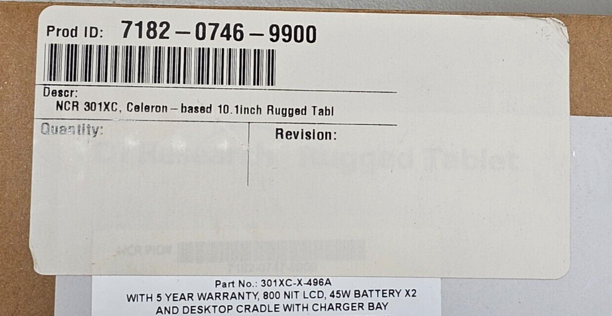 NIB DT Research 301XC-X-496A Rugged Tablet 10.1" IP65, Win10, WiFi/BT/LTE, 810G