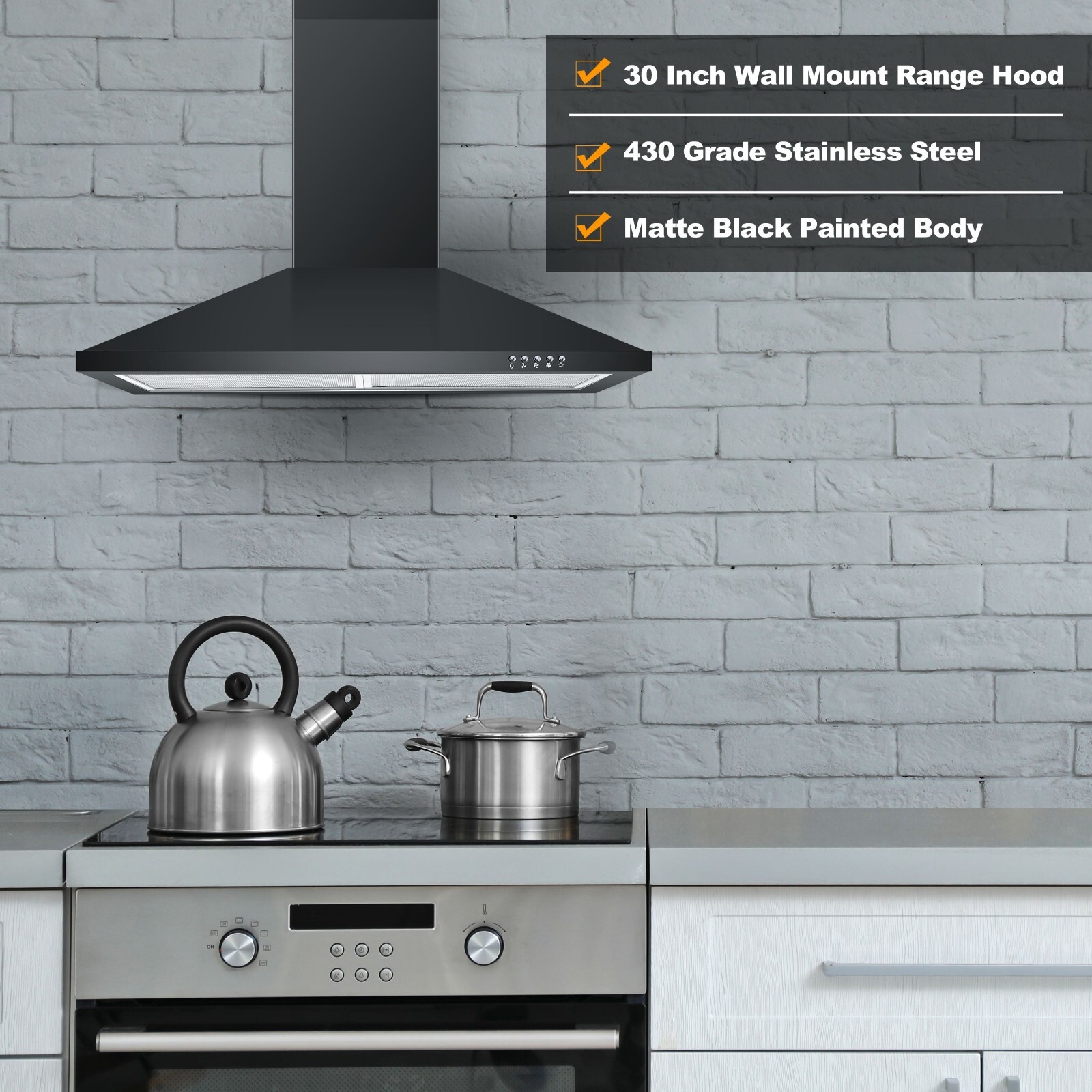 30in Wall Mount Range Hood 450CFM Power Exhaust Fan w/LED Kitchen Stove Fan
