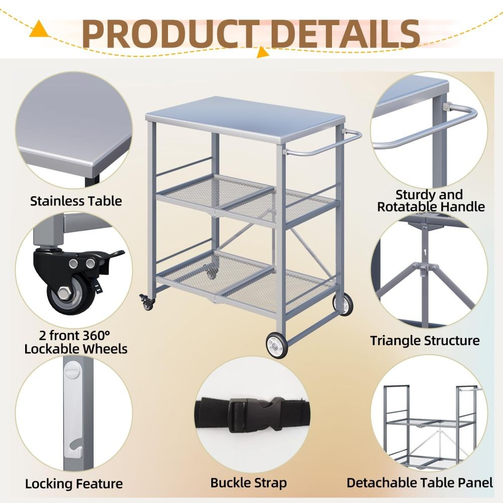 Outdoor Grill Table, Stainless Steel 3-Tier Folding BBQ Prep Table with Casters