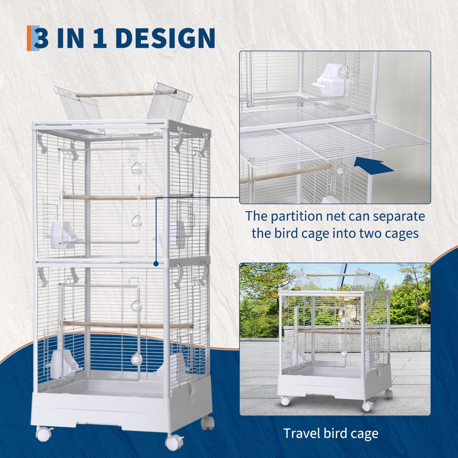 Double-layered Birdcage With Roof Opening Bird Aviary Cage With Castors, White
