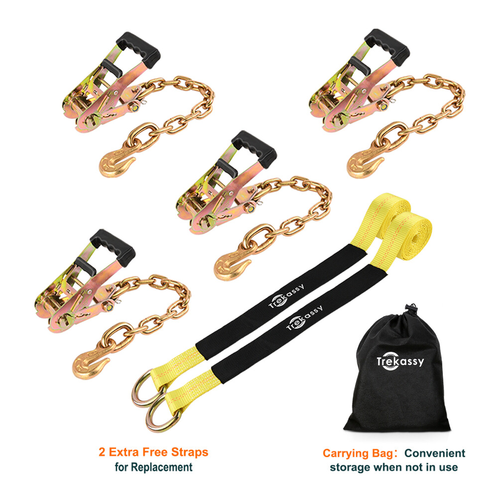 Car Wheel Straps Ratchet Tie Down for Trailers 4 Pack Ratchets w/ Chain Anchors