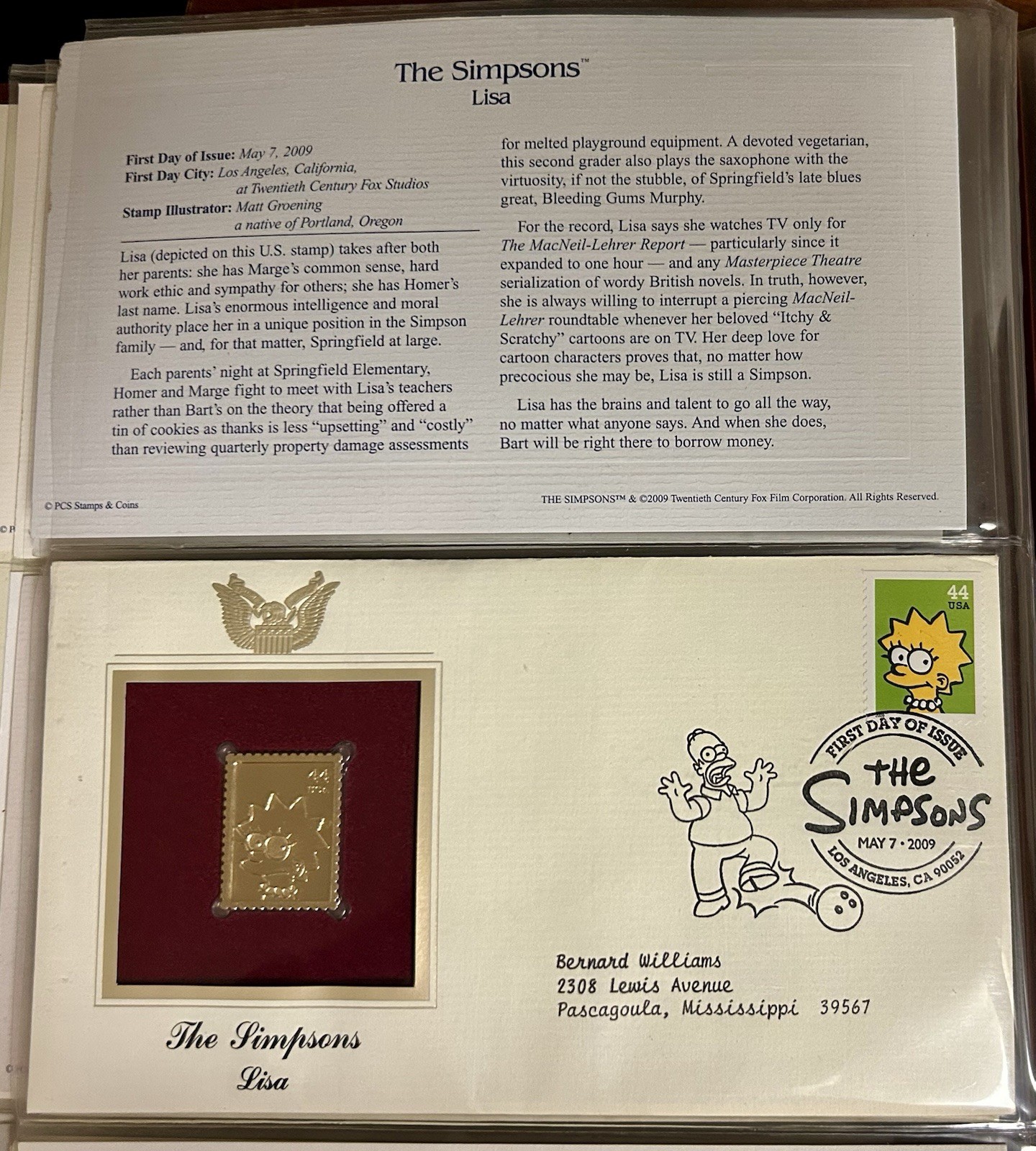 Lisa Simpson Gold Replica First Day Cover 2009 PCS The Simpsons Stamp in Binder