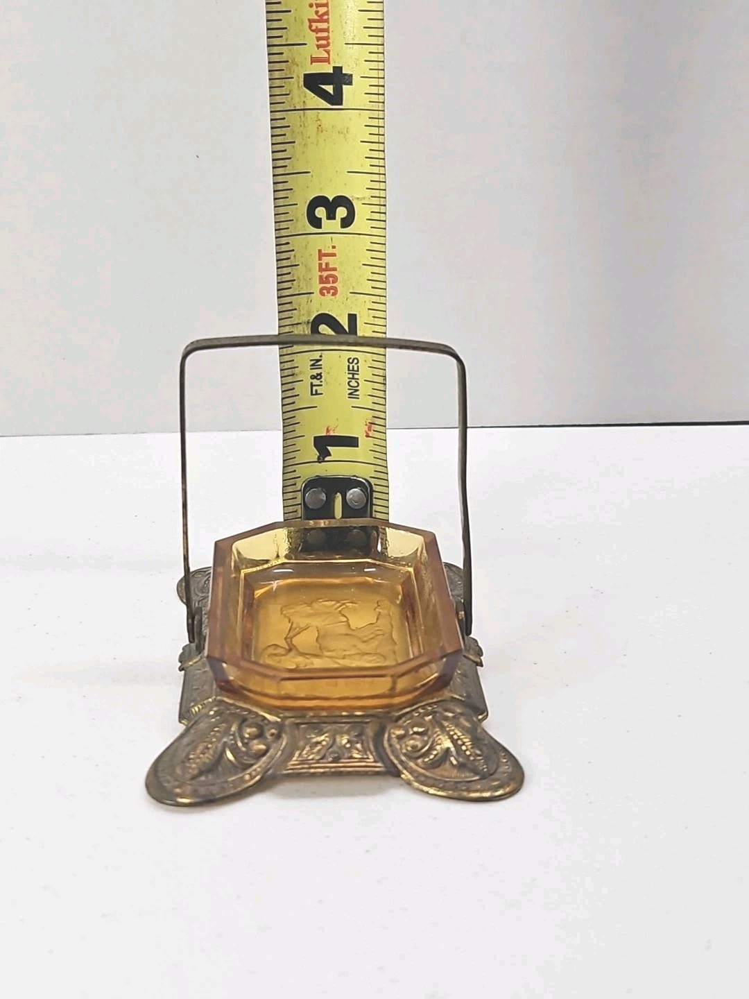 Antique Czech Amber Glass Salt Cellar Intaglio Design Ornate Brass Holder RARE