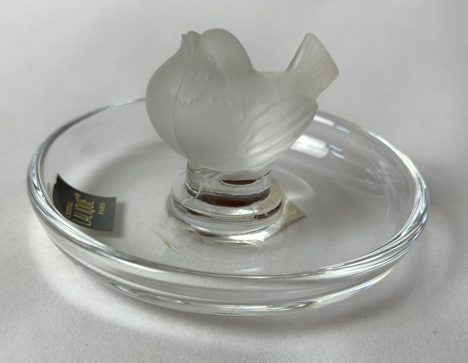 Lalique Pinson Finch 1970s Art Glass Ring Dish Clear & Frosted Crystal 2” Tall
