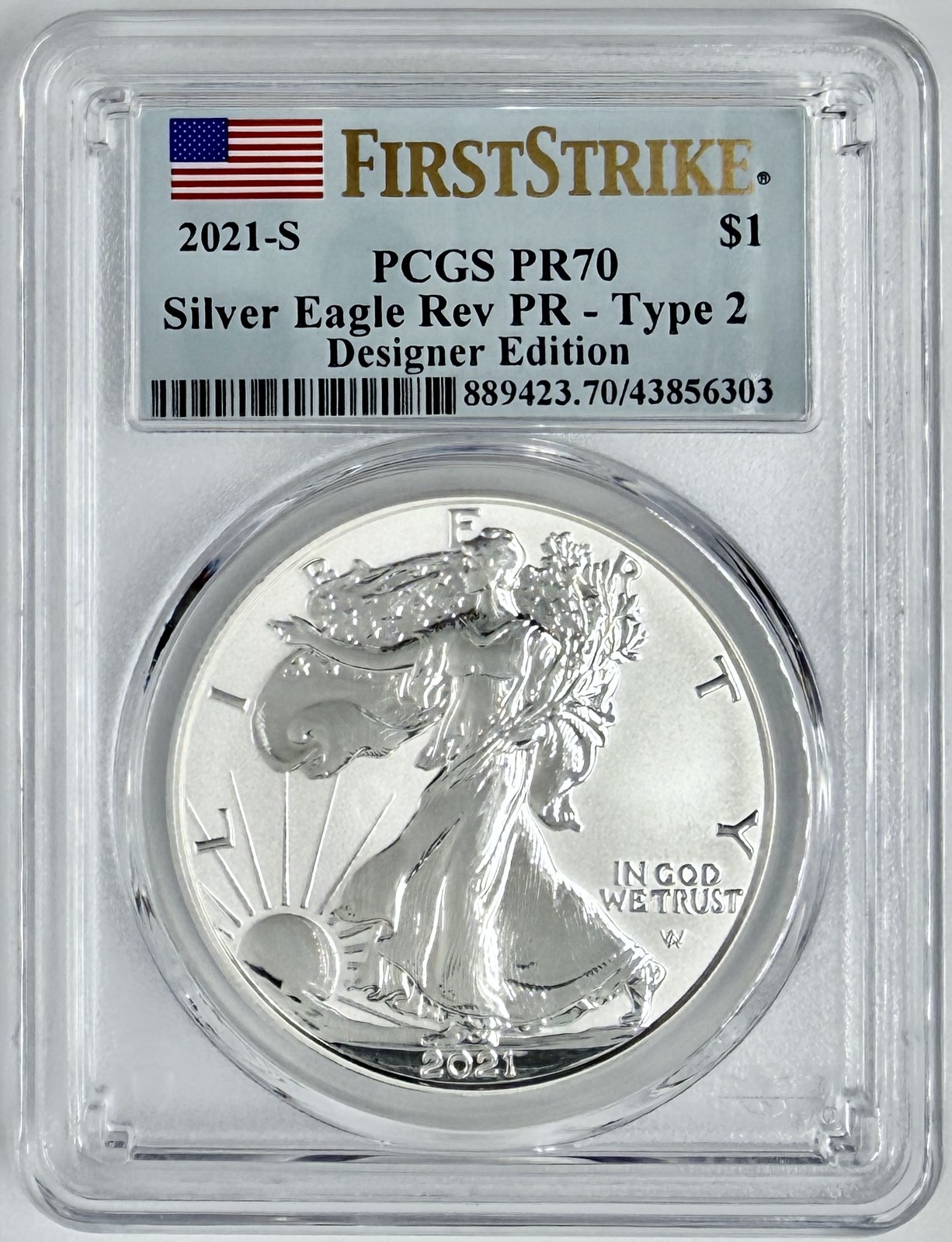 2021-S Reverse Proof $1 Type 2 American Silver Eagle PCGS PR70 First Strike Flag