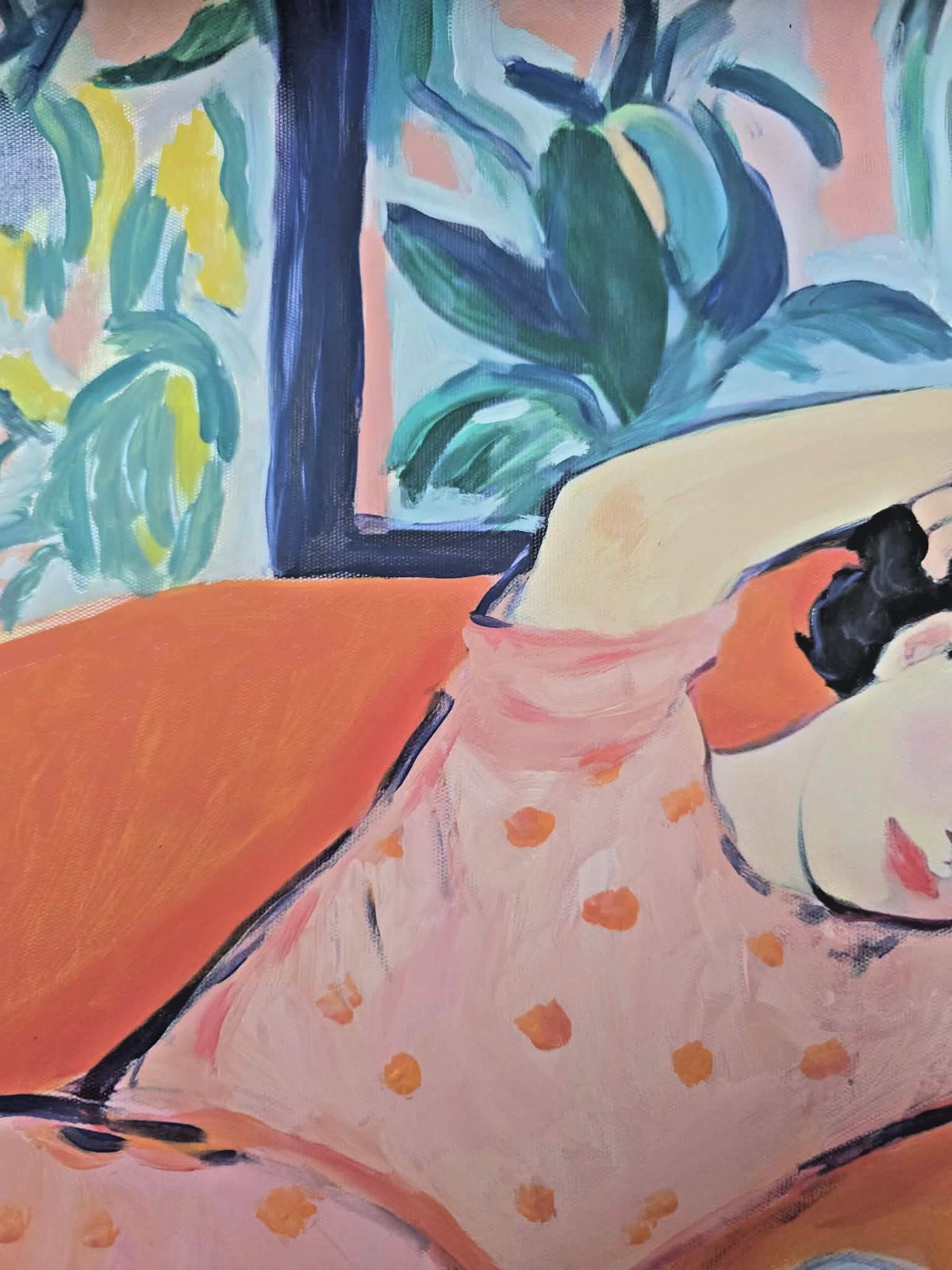 Hand Painted Acrylic on Canvas Painting "Resting on a Sofa". Signed