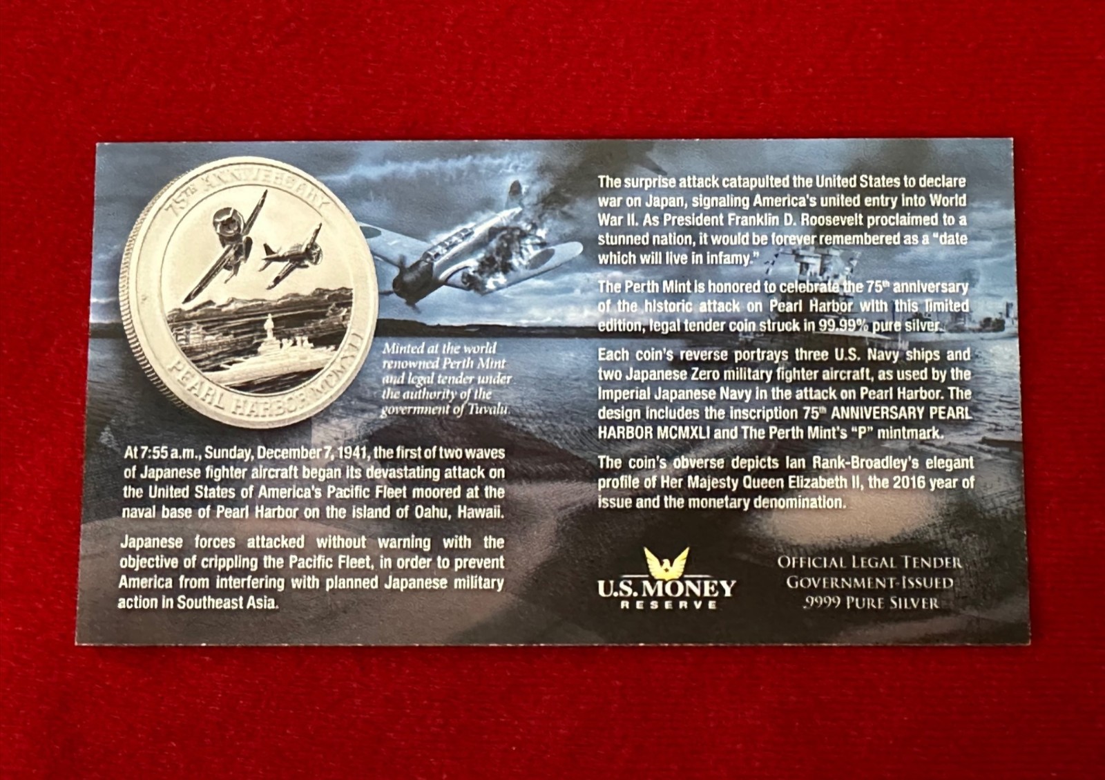 2016 1 Troy OZ .9999 Silver Tuvalu “PEARL HARBOR COIN” w/ 24K Gilding by SFS